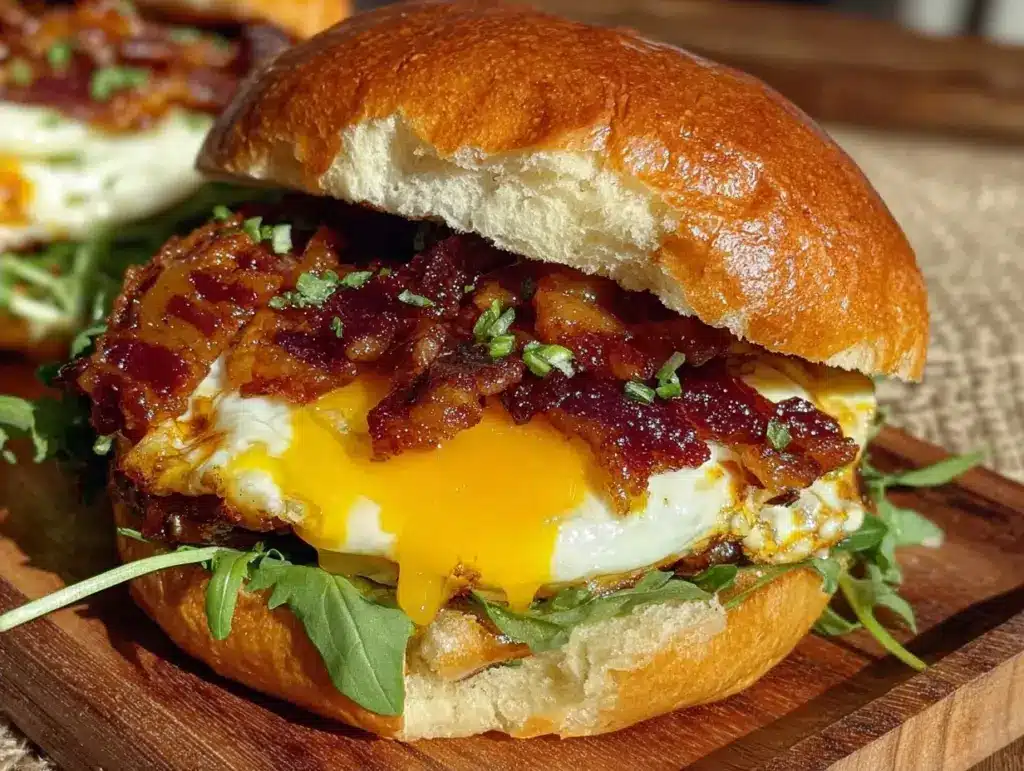 breakfast sandwich with fried egg and crispy bacon - featured image
