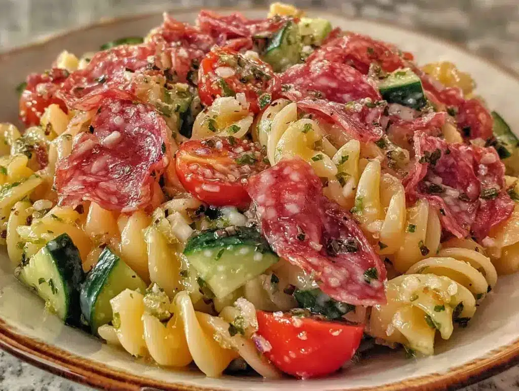 cold pasta salad with salami - featured image