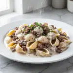 creamy beef and shells skillet - featured image