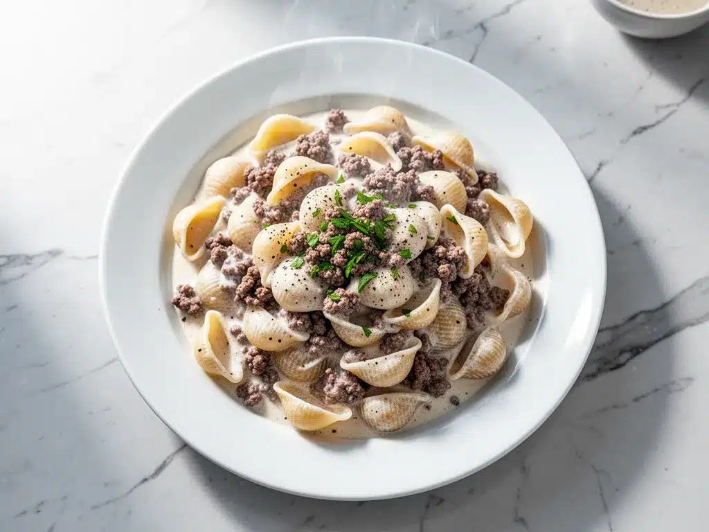 Creamy Beef and Shells: Best 30-Min Easy Dinner 4 creamy beef and shells skillet preparation steps