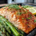 healthy salmon and asparagus sheet pan dinner - featured image