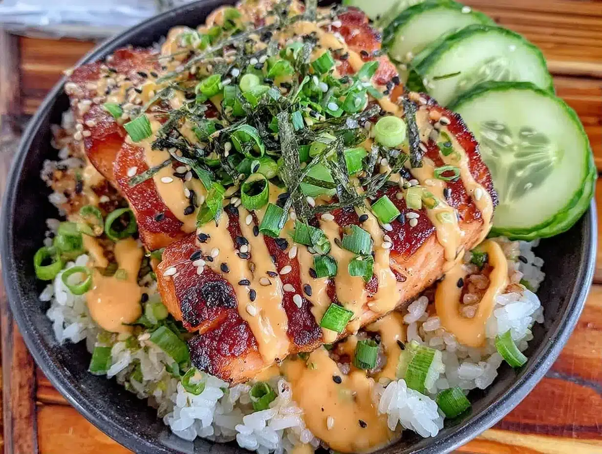 Salmon Rice Bowl with Spicy Mayo and Cucumber 4 salmon rice bowl preparation steps
