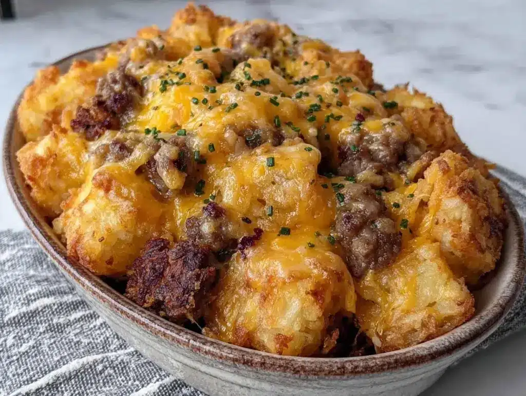 cheesy sausage hash brown breakfast casserole - featured image