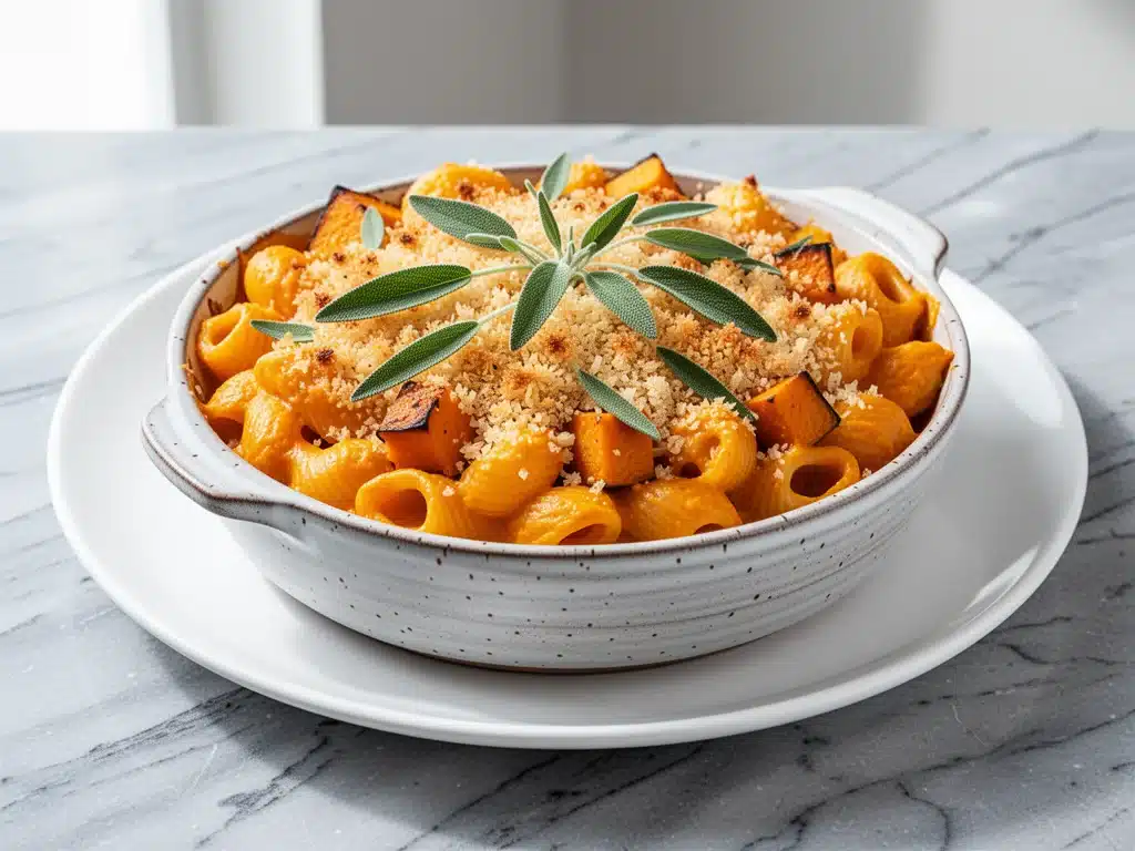 fall pumpkin sage baked mac and cheese - featured image