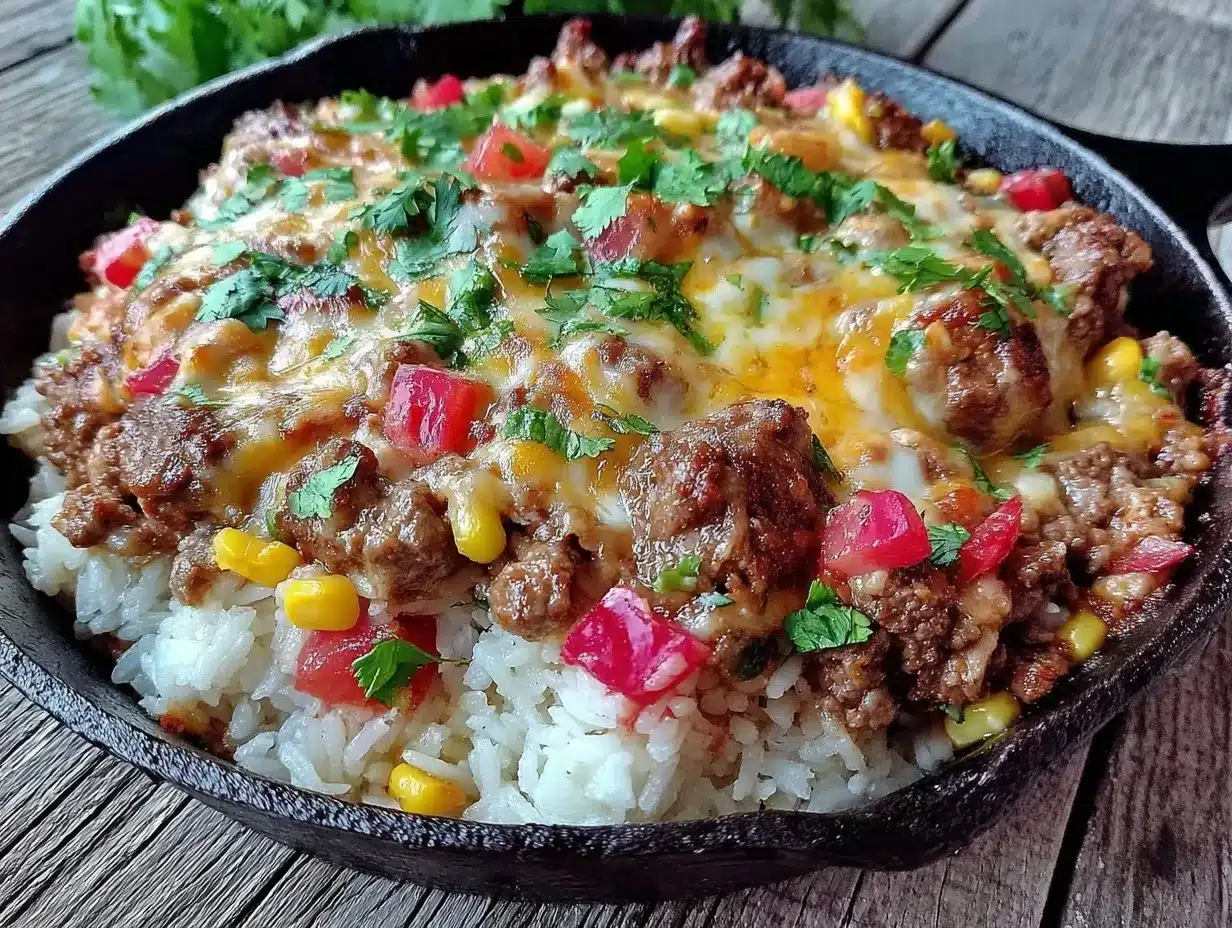 One-Pan Cheesy Ground Beef Taco Skillet With Fluffy Rice 4 one pan cheesy ground beef taco skillet preparation steps